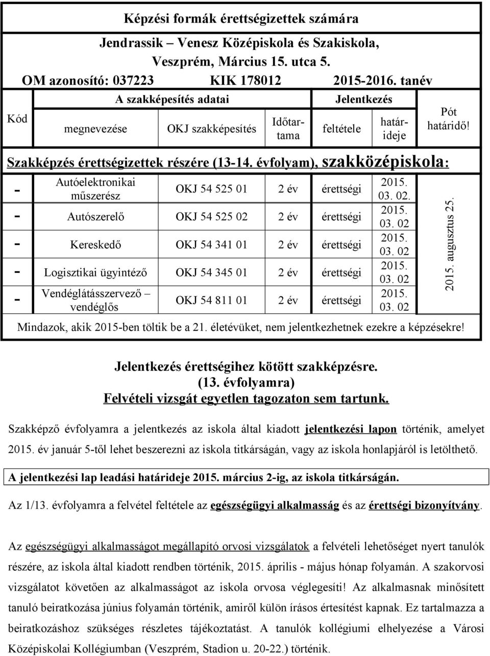 évfolyam), szakközépiskola : Autóelektronikai - műszerész OKJ 54 525 01 2 év érettségi - Autószerelő OKJ 54 525 02 2 év érettségi - Kereskedő OKJ 54 341 01 2 év érettségi - Logisztikai ügyintéző OKJ