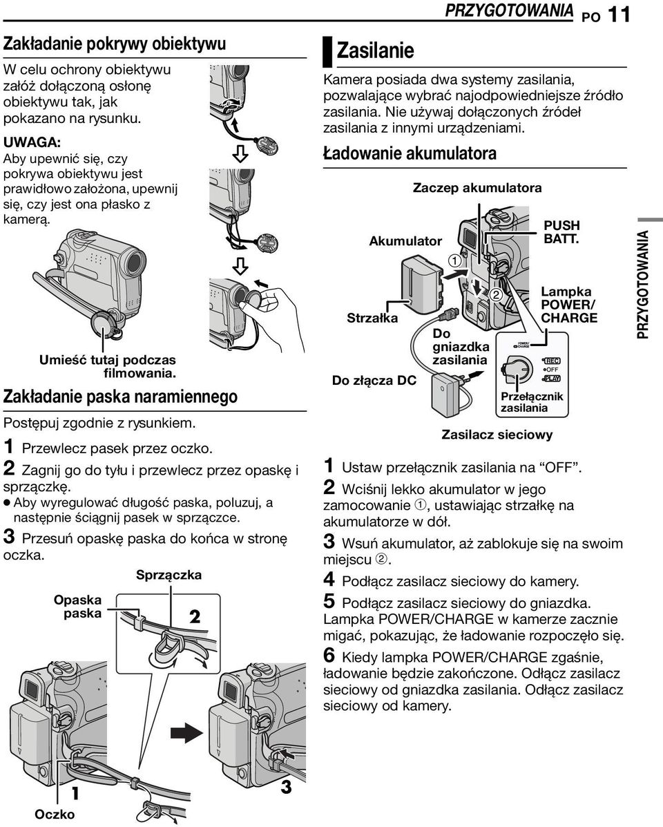 Zakładanie paska naramiennego Postępuj zgodnie z rysunkiem. 1 Przewlecz pasek przez oczko. 2 Zagnij go do tyłu i przewlecz przez opaskę i sprzączkę.