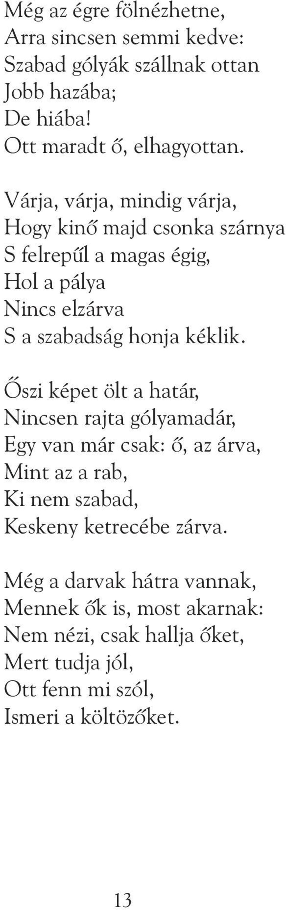 Õszi képet ölt a határ, Nincsen rajta gólyamadár, Egy van már csak: õ, az árva, Mint az a rab, Ki nem szabad, Keskeny ketrecébe zárva.