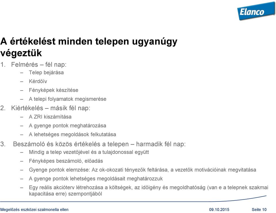 Beszámoló és közös értékelés a telepen harmadik fél nap: Mindig a telep vezetőjével és a tulajdonossal együtt Fényképes beszámoló, előadás Gyenge pontok elemzése: Az