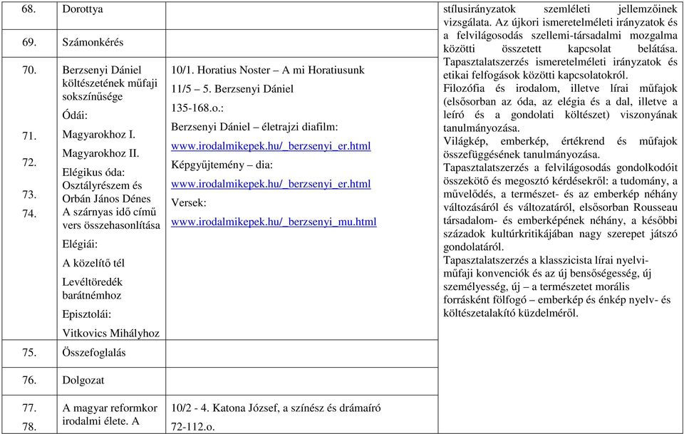 Dolgozat 10/1. Horatius Noster A mi Horatiusunk 11/5 5. Berzsenyi Dániel 135-168.o.: Berzsenyi Dániel életrajzi diafilm: www.irodalmikepek.hu/_berzsenyi_er.html Képgyűjtemény dia: www.irodalmikepek.hu/_berzsenyi_er.html Versek: www.