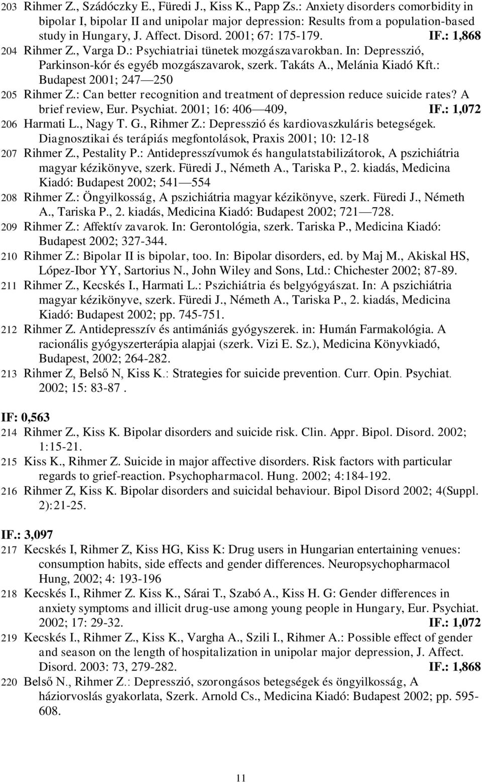 : Budapest 2001; 247 250 205 Rihmer Z.: Can better recognition and treatment of depression reduce suicide rates? A brief review, Eur. Psychiat. 2001; 16: 406 409, IF.: 1,072 206 Harmati L., Nagy T. G.