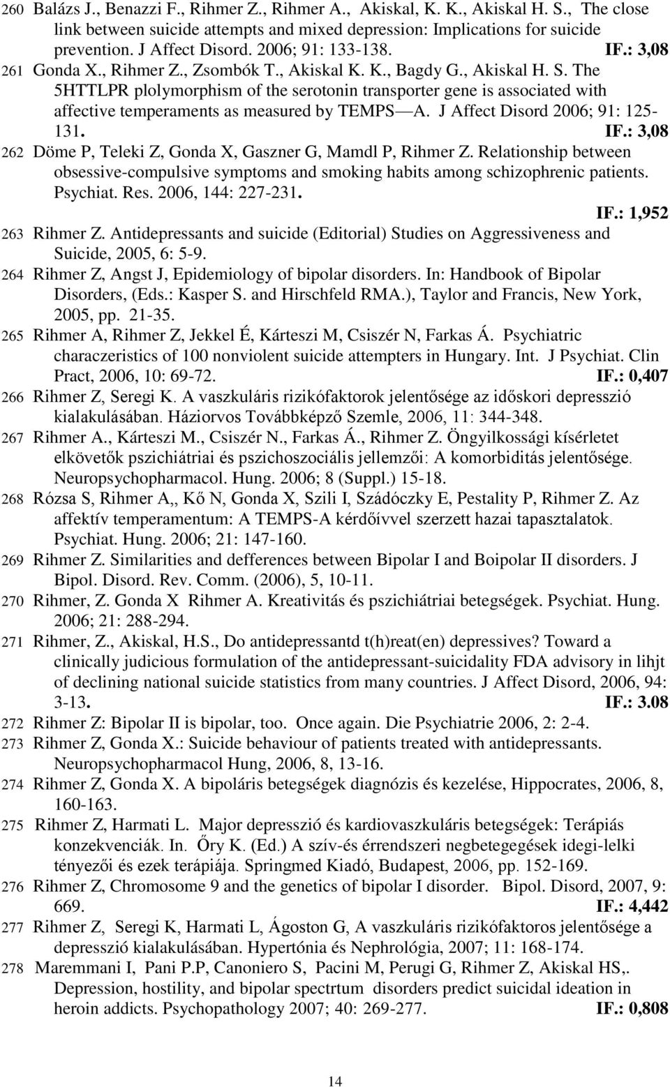 The 5HTTLPR plolymorphism of the serotonin transporter gene is associated with affective temperaments as measured by TEMPS A. J Affect Disord 2006; 91: 125-131. IF.