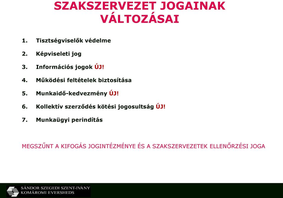 Működési feltételek biztosítása 5. Munkaidő-kedvezmény ÚJ! 6.