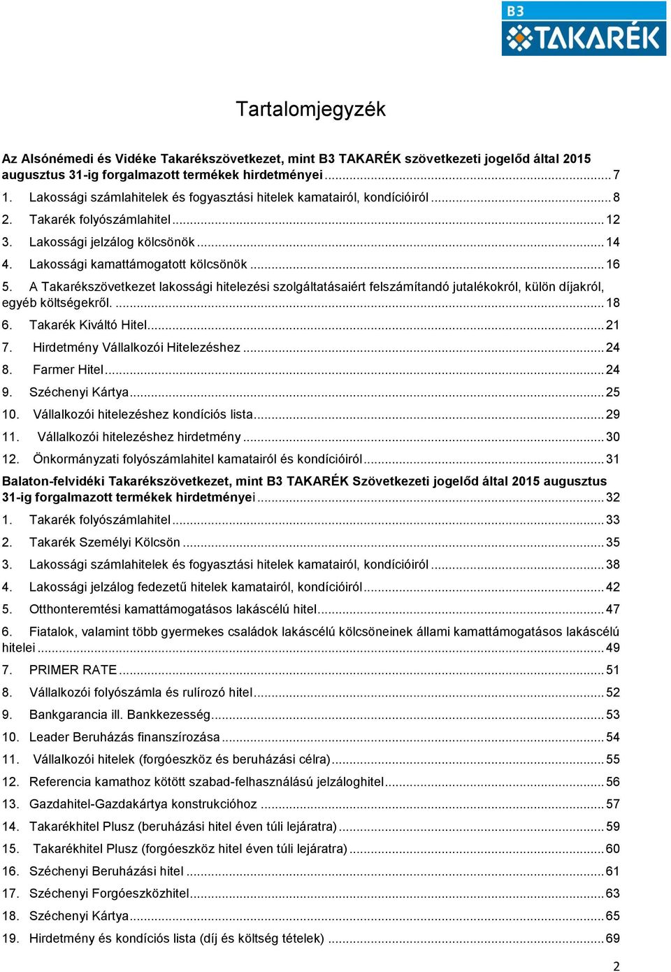 A Takarékszövetkezet lakossági hitelezési szolgáltatásaiért felszámítandó jutalékokról, külön díjakról, egyéb költségekről.... 18 6. Takarék Kiváltó Hitel... 21 7. Hirdetmény Vállalkozói Hitelezéshez.