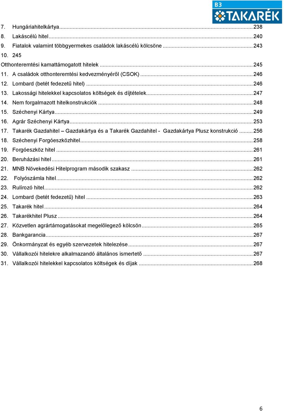 Nem forgalmazott hitelkonstrukciók... 248 15. Széchenyi Kártya... 249 16. Agrár Széchenyi Kártya... 253 17. Takarék Gazdahitel Gazdakártya és a Takarék Gazdahitel - Gazdakártya Plusz konstrukció.