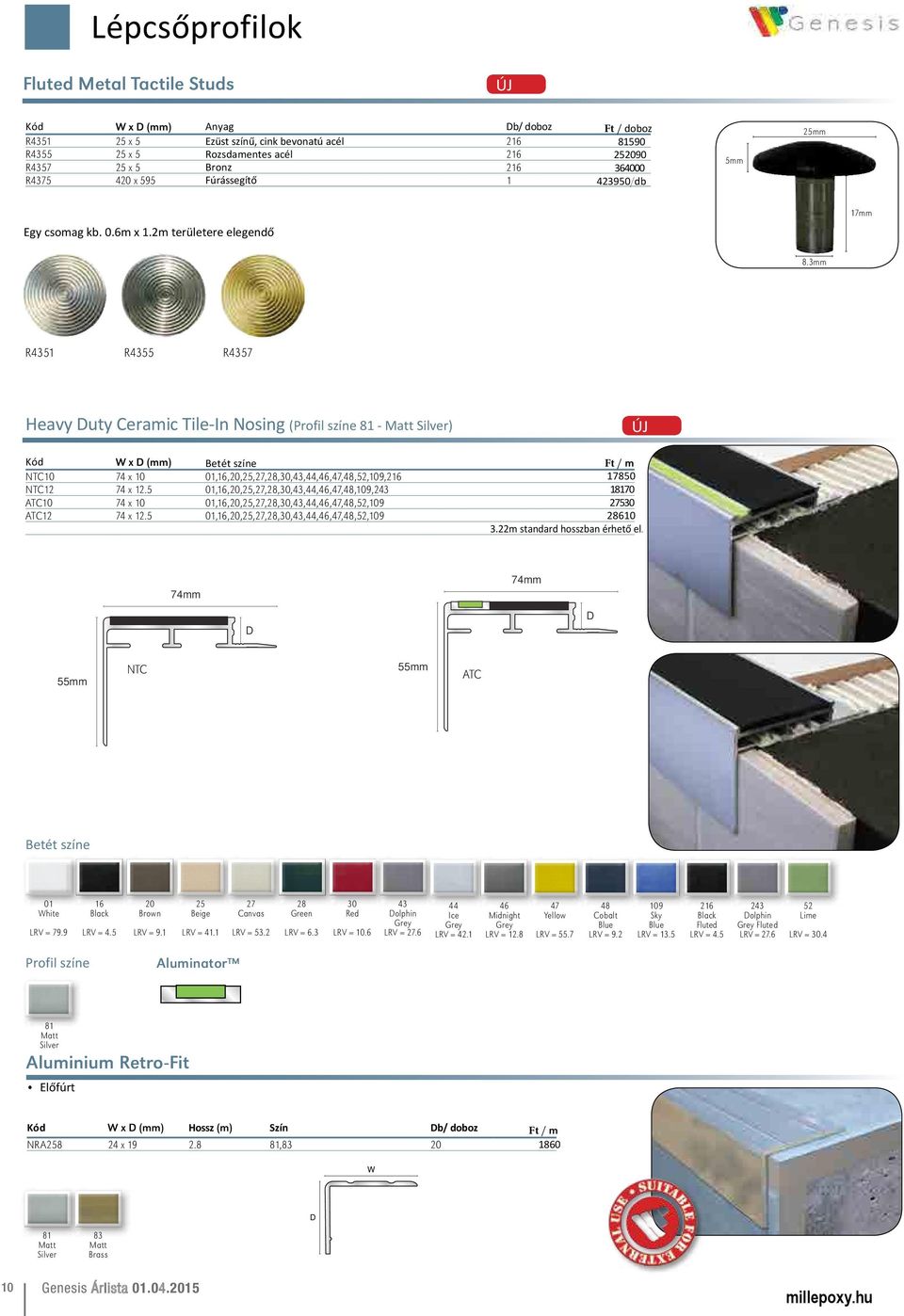 3mm R4351 R4355 R4357 Heavy uty Ceramic Tile-In Nosing (Profil színe - ) Kód x (mm) Betét színe NTC10 74 x 10 01,,20,25,27,28,30,43,44,46,47,48,52,109,2 NTC12 74 x 12.
