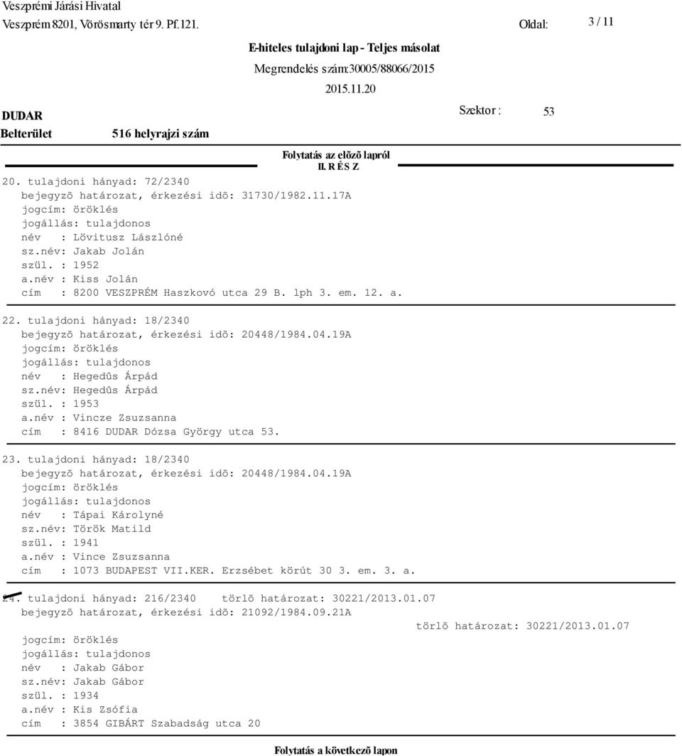 név: Hegedûs Árpád szül. : 1953 a.név : Vincze Zsuzsanna cím : 8416 Dózsa György utca 53. 23. tulajdoni hányad: 18/2340 bejegyzõ határozat, érkezési idõ: 20448/1984.04.19A név : Tápai Károlyné sz.
