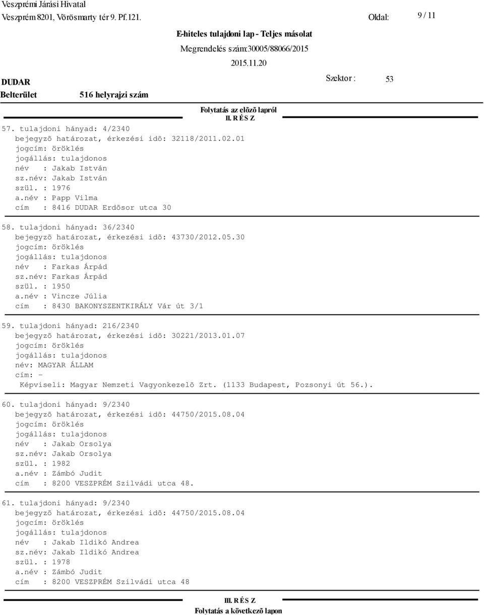 név : Vincze Júlia cím : 8430 BAKONYSZENTKIRÁLY Vár út 3/1 59. tulajdoni hányad: 216/2340 bejegyzõ határozat, érkezési idõ: 30221/2013