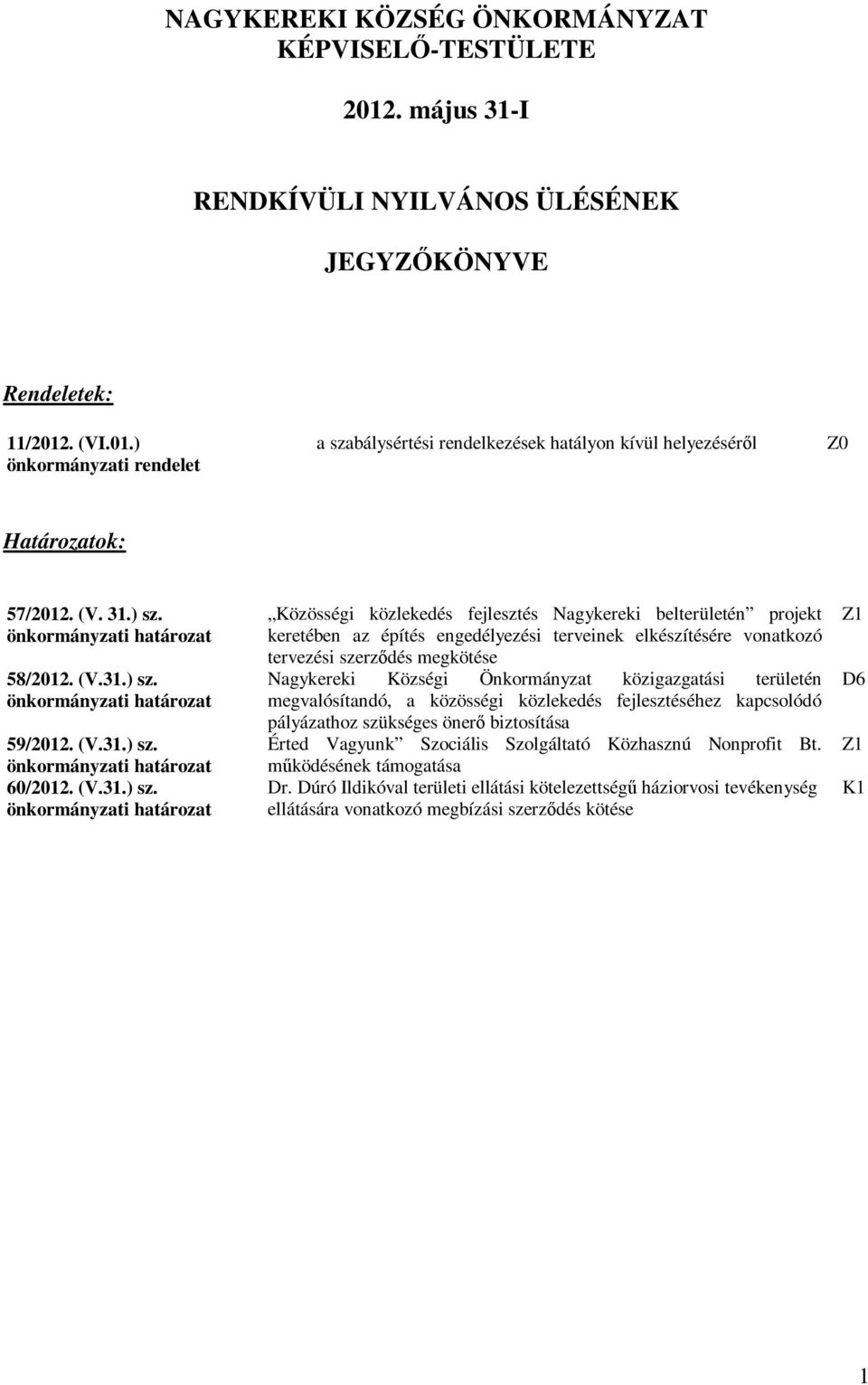 önkormányzati határozat 58/2012. (V.31.) sz.