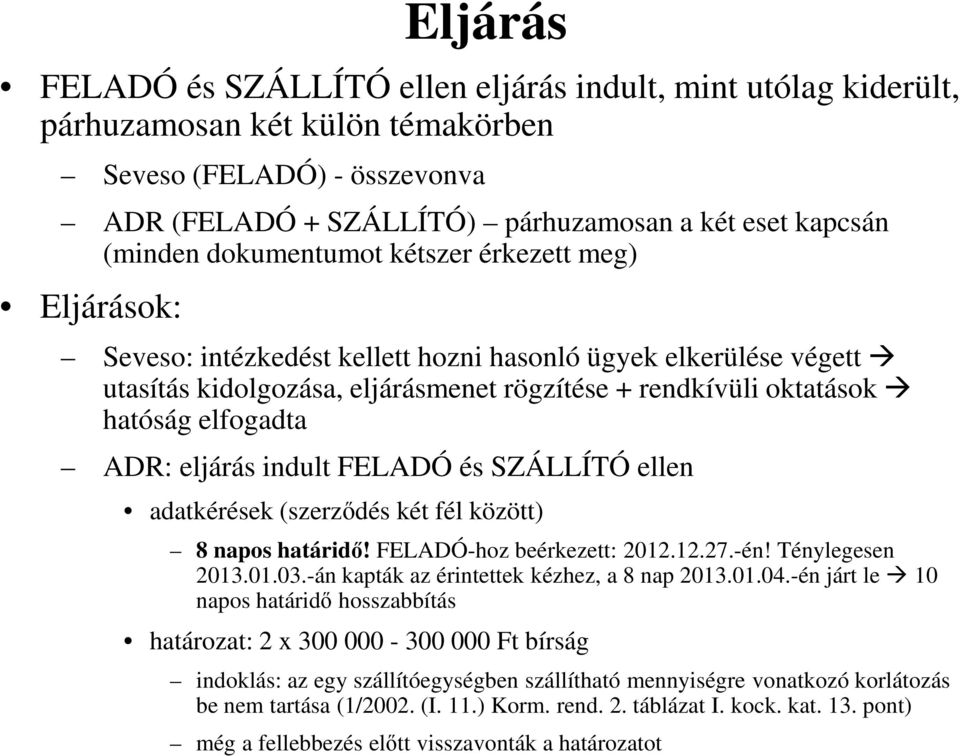 ADR: eljárás indult FELADÓ és SZÁLLÍTÓ ellen adatkérések (szerződés két fél között) 8 napos határidő! FELADÓ-hoz beérkezett: 2012.12.27.-én! Ténylegesen 2013.01.03.