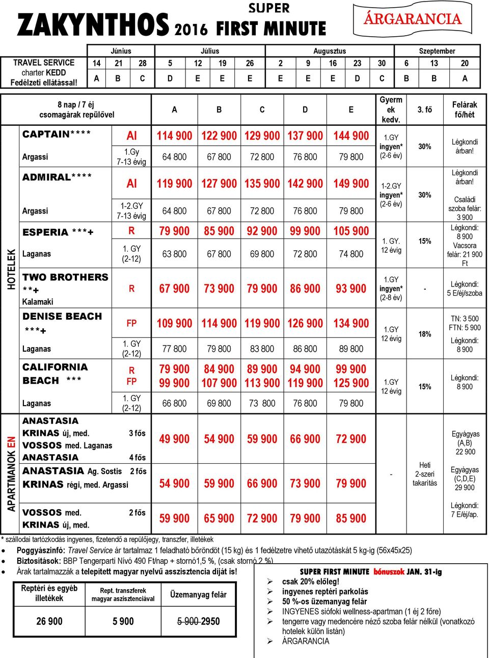 fő Felárak fő/hét HOTELEK APATMANOK EN CAPTAIN**** AI 114 900 122 900 129 900 137 900 144 900 1.GY Argassi ADMIAL**** Argassi 1.