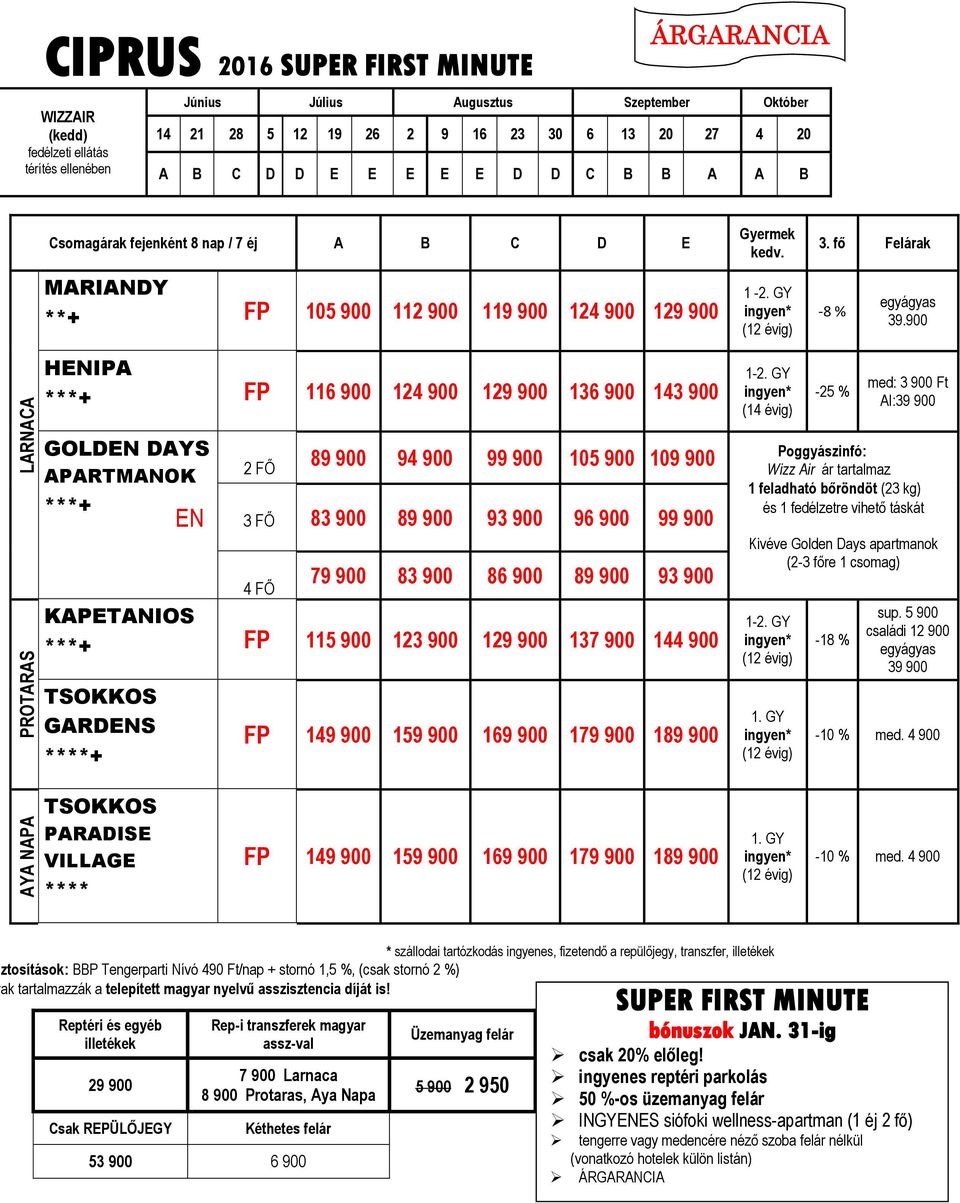 900 LANACA POTAAS HENIPA 116 900 124 900 129 900 136 900 143 900 GOLDEN DAYS APATMANOK EN 2 FŐ 89 900 94 900 105 900 109 900 Kivéve 3 FŐ 83 900 89 900 93 900 96 900 4 FŐ 79 900 83 900 86 900 89 900
