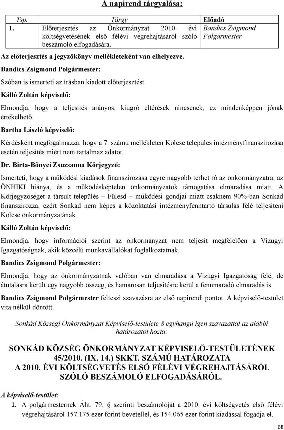 Kálló Zoltán képviselő: Elmondja, hogy a teljesítés arányos, kiugró eltérések nincsenek, ez mindenképpen jónak értékelhető. Bartha László képviselő: Kérdésként megfogalmazza, hogy a 7.