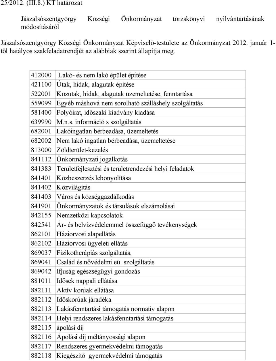 412000 Lakó- és nem lakó épület építése 421100 Útak, hidak, alagutak építése 522001 Közutak, hidak, alagutak üzemeltetése, fenntartása 559099 Egyéb máshová nem sorolható szálláshely szolgáltatás