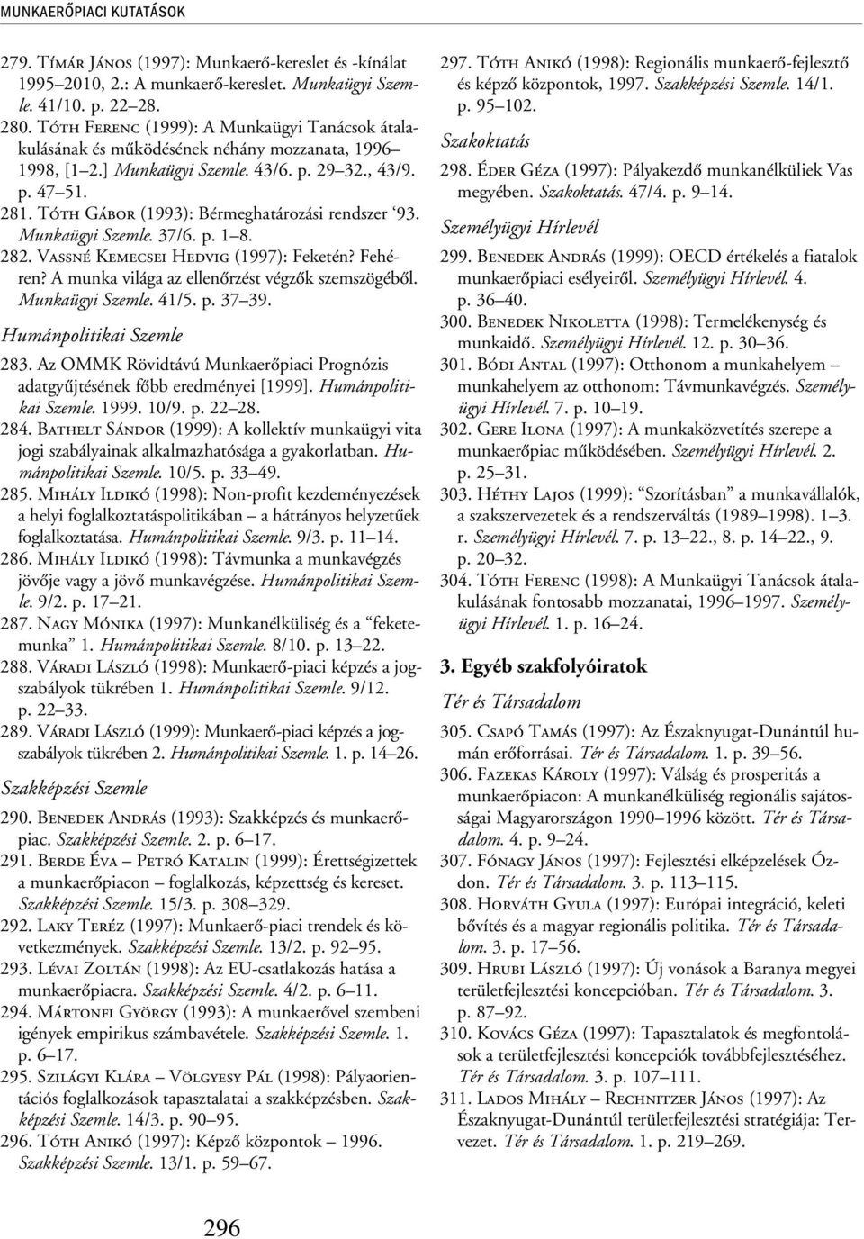 Tóth Gábor (1993): Bérmeghatározási rendszer 93. Munkaügyi Szemle. 37/6. p. 1 8. 282. Vassné Kemecsei Hedvig (1997): Feketén? Fehéren? A munka világa az ellenõrzést végzõk szemszögébõl.