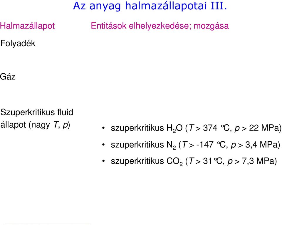 Szuperkritikus fluid állapot (nagy T, p) szuperkritikus H 2 O (T >