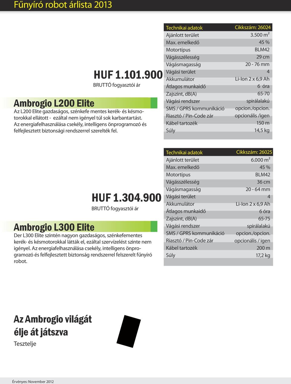 opcionális /igen 150 m 1,5 kg HUF 1.30.900 Ambrogio L300 Elite Der L300 Elite szintén nagyon gazdaságos, szénkefementes kerék és késmotorokkal látták el, ezáltal szervízelést szinte nem igényel.