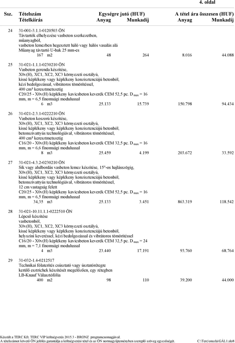 21-1.1.1-2321 ÖN Vasbeton gerenda készítése, Xv(H), XC1, XC2, XC3 környezeti osztályú, kissé képlékeny vagy képlékeny konzisztenciájú betonból, kézi bedolgozással, vibrátoros tömörítéssel, 4 cm²