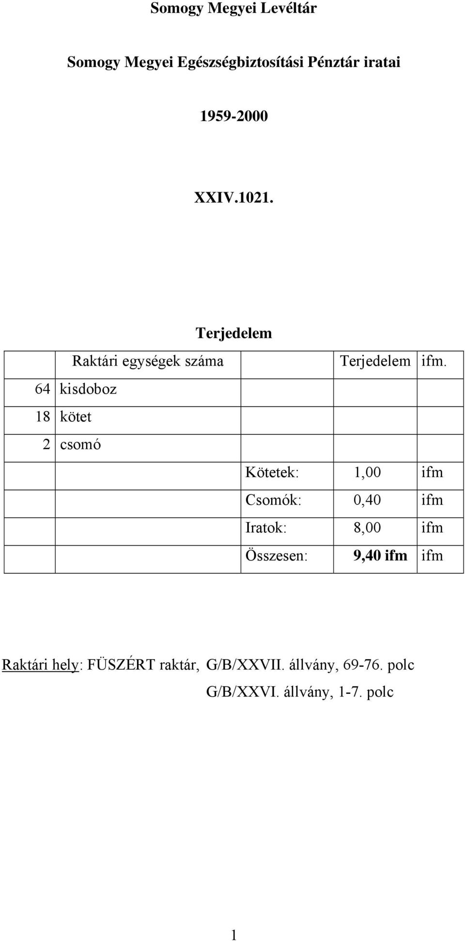 64 kisdoboz 18 kötet 2 csomó Kötetek: 1,00 ifm Csomók: 0,40 ifm Iratok: 8,00 ifm