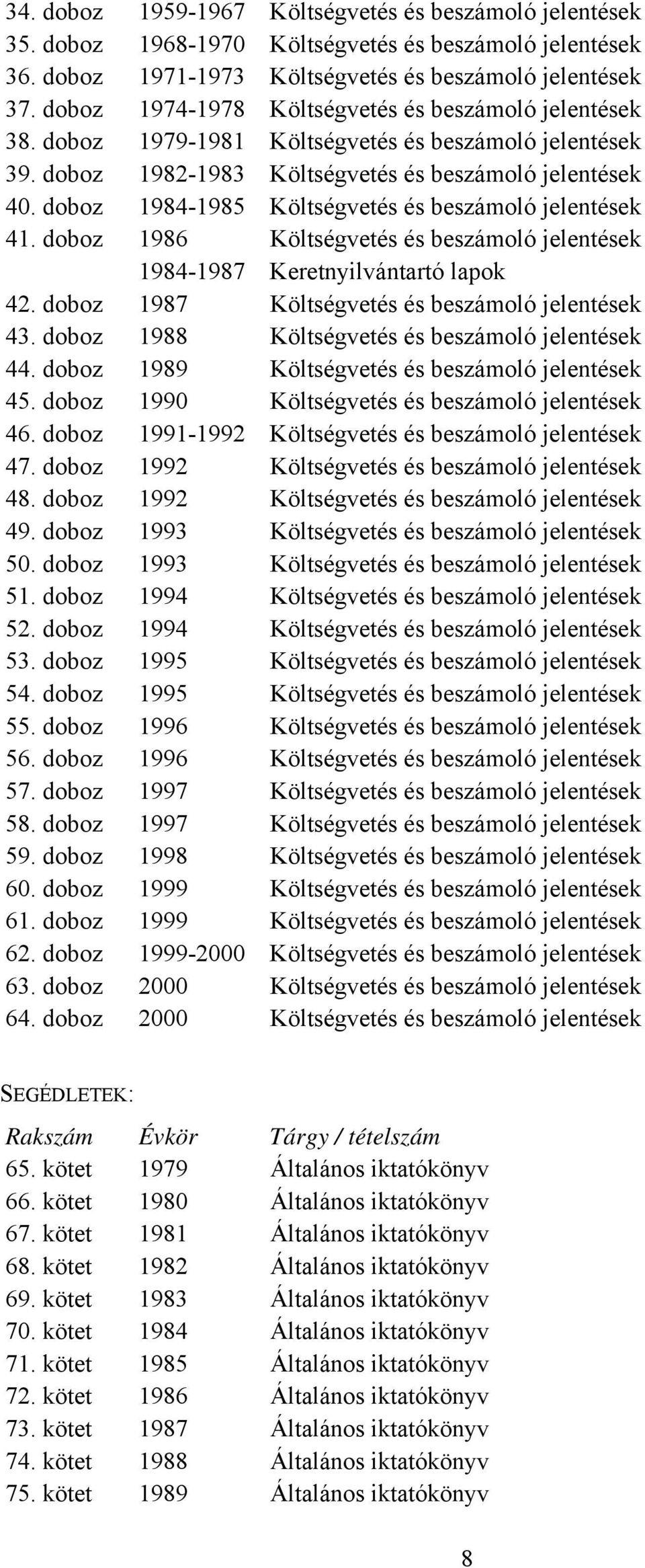 doboz 1984-1985 Költségvetés és beszámoló jelentések 41. doboz 1986 Költségvetés és beszámoló jelentések 1984-1987 Keretnyilvántartó lapok 42. doboz 1987 Költségvetés és beszámoló jelentések 43.