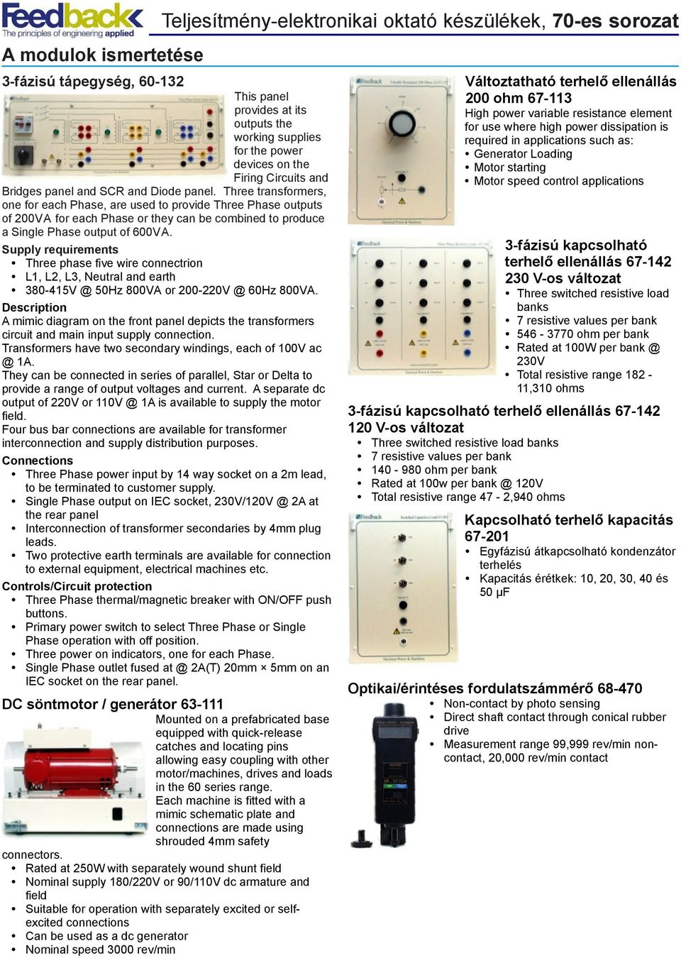 Supply requirements Three phase five wire connectrion L1, L2, L3, Neutral and earth 380 415V @ 50Hz 800VA or 200 220V @ 60Hz 800VA.