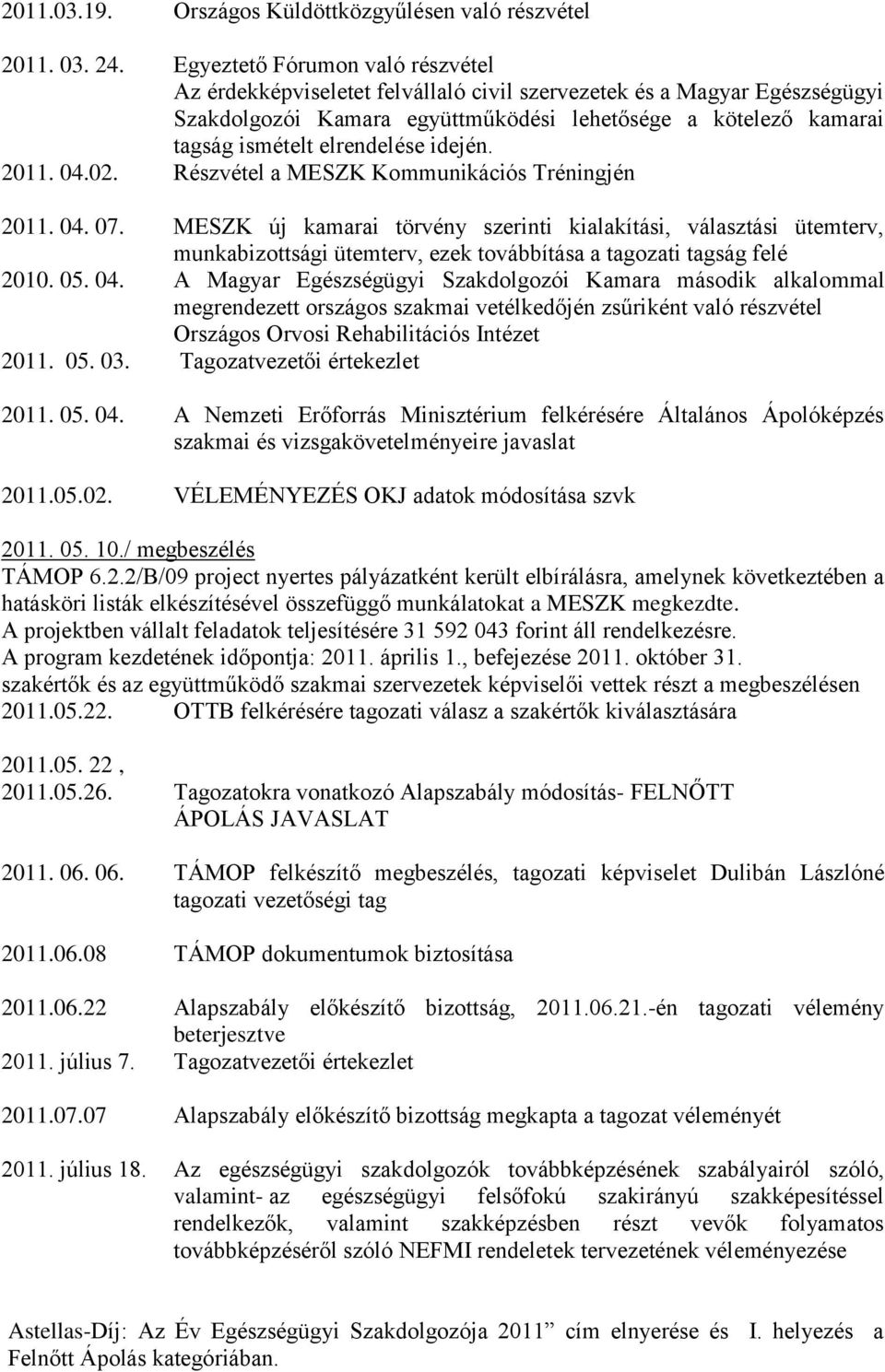 elrendelése idején. 2011. 04.02. Részvétel a MESZK Kommunikációs Tréningjén 2011. 04. 07.