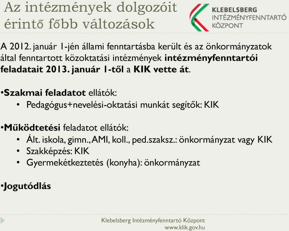 intézményfenntartói feladatait 2013. január 1-től a KIK vette át.