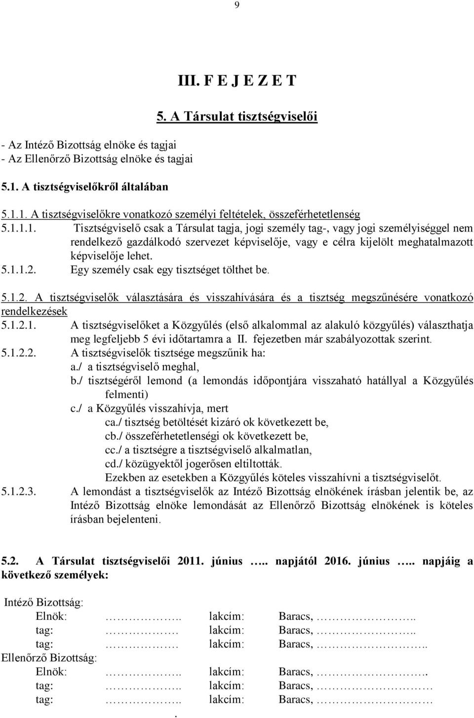 Egy személy csak egy tisztséget tölthet be. 5.1.2. A tisztségviselők választására és visszahívására és a tisztség megszűnésére vonatkozó rendelkezések 5.1.2.1. A tisztségviselőket a Közgyűlés (első alkalommal az alakuló közgyűlés) választhatja meg legfeljebb 5 évi időtartamra a II.
