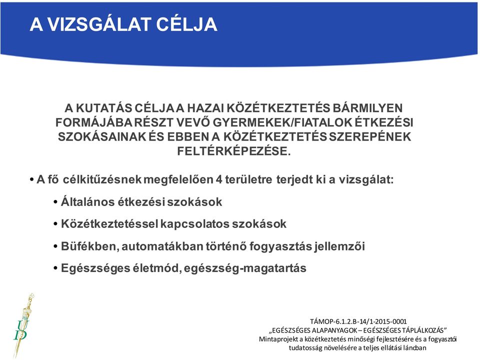 A fő célkitűzésnek megfelelően 4 területre terjedt ki a vizsgálat: Általános étkezési szokások