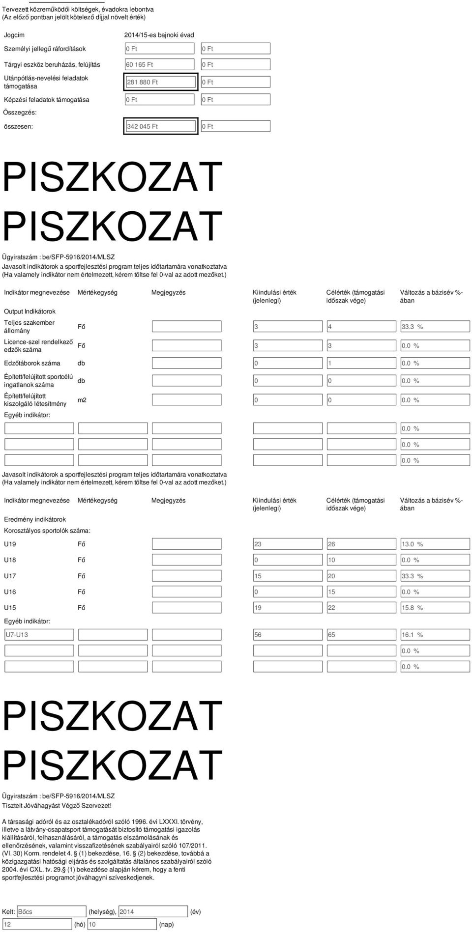 teljes időtartamára vonatkoztatva (Ha valamely indikátor nem értelmezett, kérem töltse fel 0-val az adott mezőket.