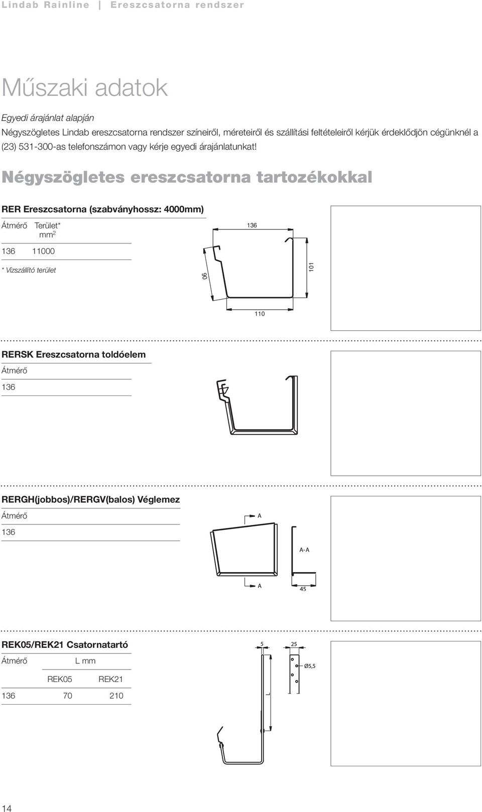 Négyszögletes ereszcsatorna tartozékokkal RER Ereszcsatorna (szabványhossz: 4000mm) Terület* mm 2 136 136 10 *