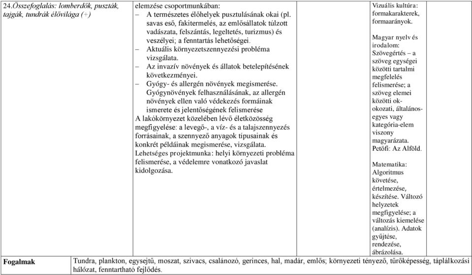 Az invazív növények és állatok betelepítésének következményei. Gyógy- és allergén növények megismerése.