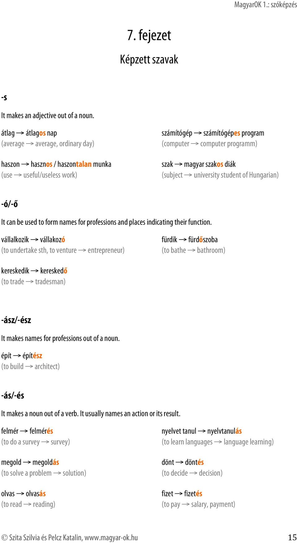 (subject university student of Hungarian) -ó/-ő It can be used to form names for professions and places indicating their function.
