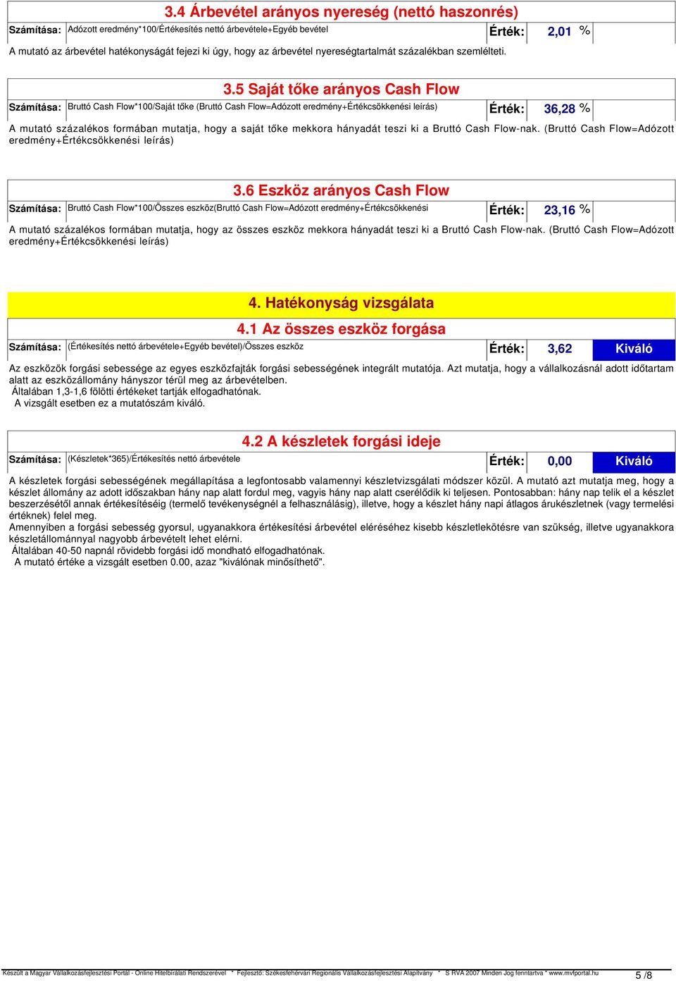 5 Saját tőke arányos Cash Flow Számítása: Érték: Bruttó Cash Flow*100/Saját tőke (Bruttó Cash Flow=Adózott eredmény+értékcsökkenési leírás) 36,28 A mutató százalékos formában mutatja, hogy a saját