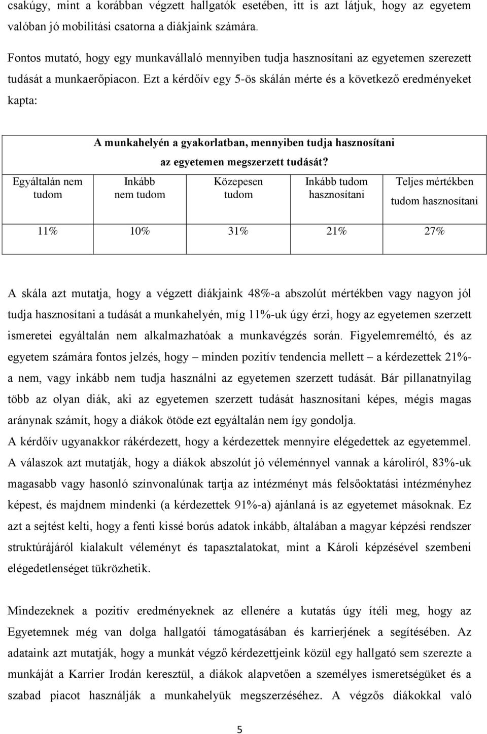 Ezt a kérdőív egy 5-ös skálán mérte és a következő eredményeket kapta: Egyáltalán nem tudom A munkahelyén a gyakorlatban, mennyiben tudja hasznosítani Inkább nem tudom az egyetemen megszerzett