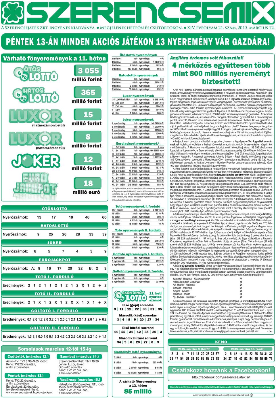 héten (határszámon belül) (határszámon túl) ÖTÖSLOTTó Nyerôszámok: 13 17 19 46 60 hatoslottó Nyerôszámok: 9 25 26 28 33 39 joker Nyerôszámok: 8 5 7 4 3 9 eurojackpot Nyerôszámok: A: 9 16 17 20 32 B: