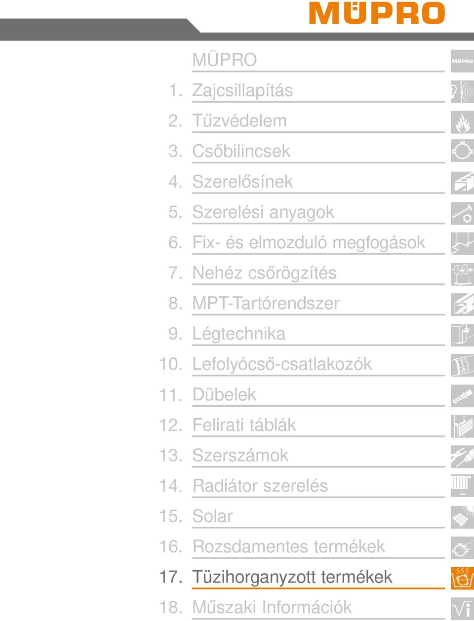 MPT-Tartórendszer 9. Légtechnika 10. Lefolyócső-csatlakozók 11. Dübelek 12.