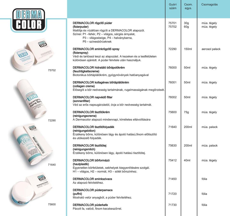 alapozást. A kezeken és a testfelületen különösen ajánlott. A púder felvitele után használjuk. 75702 DERMACOLOR hidratáló bőrápolókrém 76000 50ml müa.