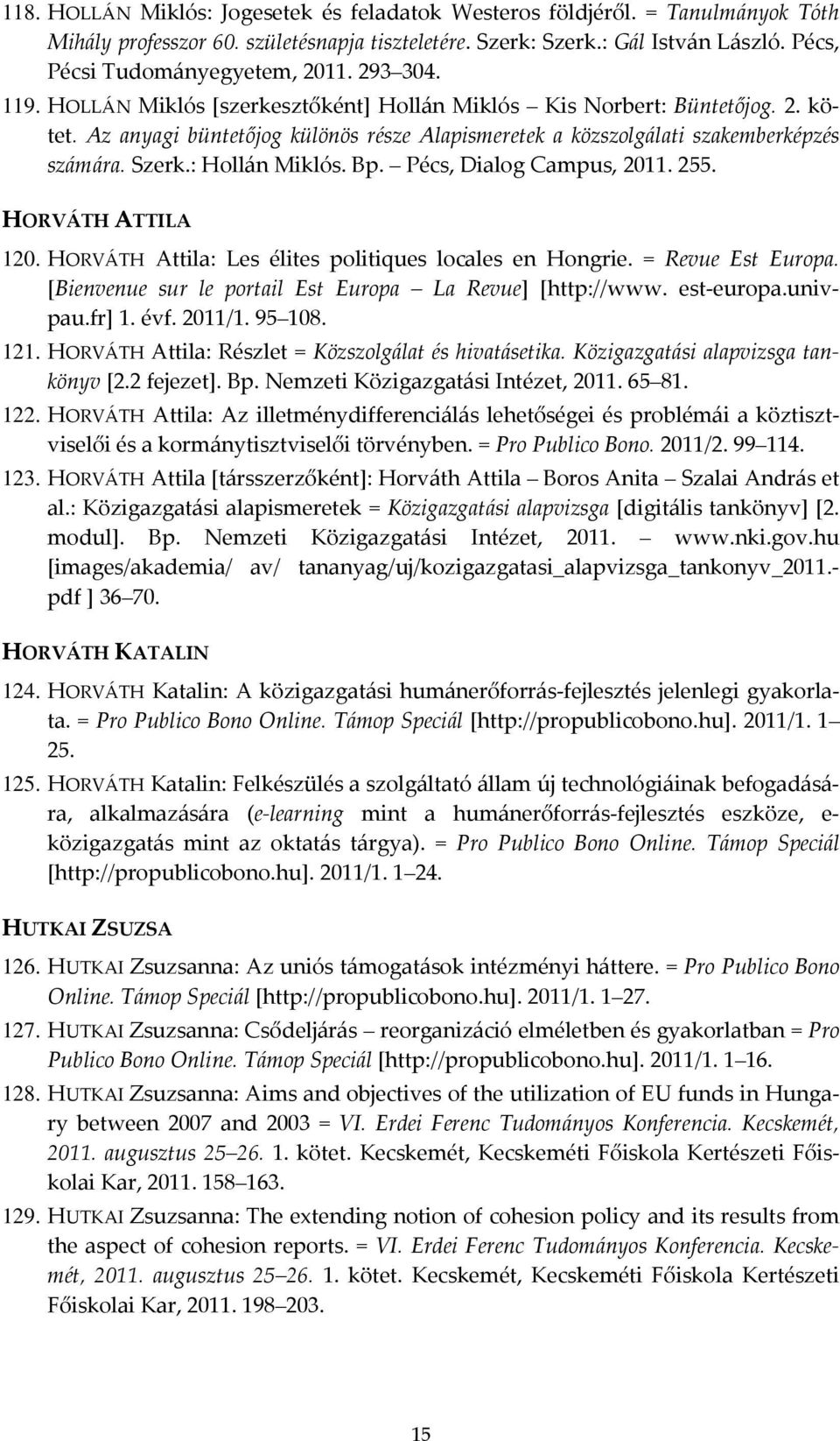 : Hollán Miklós. Bp. Pécs, Dialog Campus, 2011. 255. HORVÁTH ATTILA 120. HORVÁTH Attila: Les élites politiques locales en Hongrie. = Revue Est Europa.