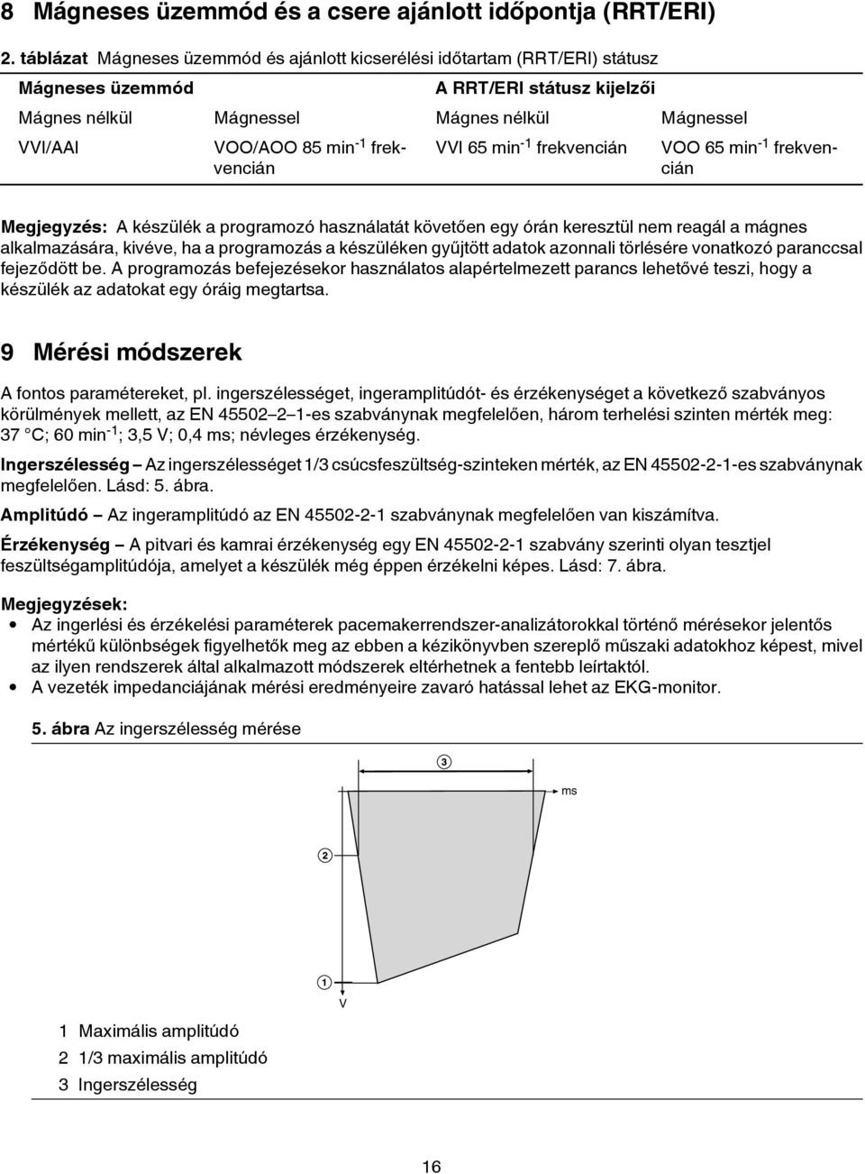 frekvencián VVI 65 min -1 frekvencián VOO 65 min -1 frekvencián Megjegyzés: A készülék a programozó használatát követően egy órán keresztül nem reagál a mágnes alkalmazására, kivéve, ha a programozás