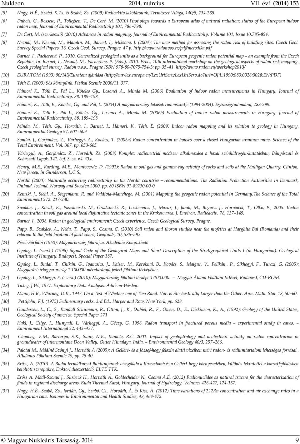 (szerkesztő) (2010) Advances in radon mapping. Journal of Environmental Radioactivity. Volume 101, Issue 10,785-894. [8] Neznal, M., Neznal, M., Matolin, M., Barnet, I., Miksova, J.