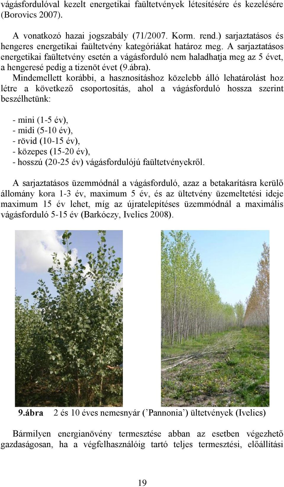 A sarjaztatásos energetikai faültetvény esetén a vágásforduló nem haladhatja meg az 5 évet, a hengeresé pedig a tizenöt évet (9.ábra).