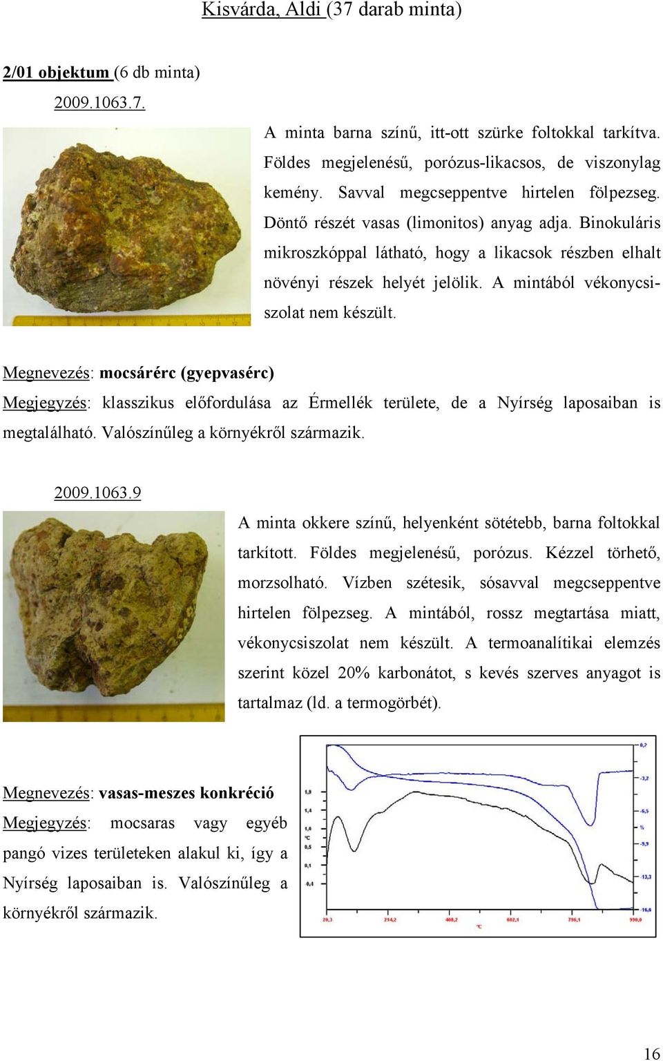 A mintából vékonycsiszolat nem készült. Megnevezés: mocsárérc (gyepvasérc) Megjegyzés: klasszikus előfordulása az Érmellék területe, de a Nyírség laposaiban is megtalálható.