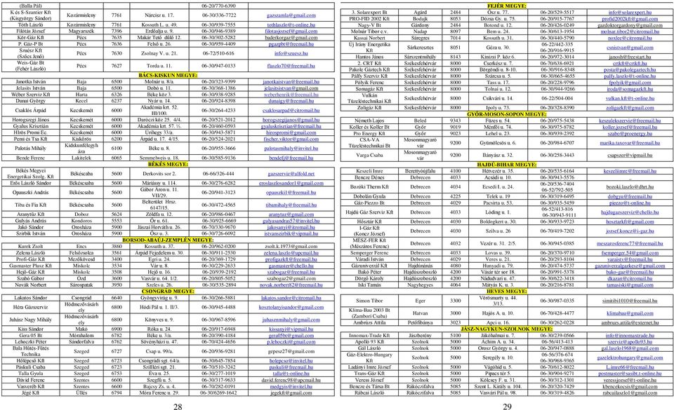 com P. Gáz-P Bt Pécs 7636 Felső u. 26. 06-30/959-4409 pgazpbt@freemail.hu Szuész Kft (Szőcs Jenő) Pécs 7630 Zsolnay V. u. 21. 06-72/510-616 info@szuesz.hu Weis-Gáz Bt (Fehér László) Pécs 7627 Torda u.