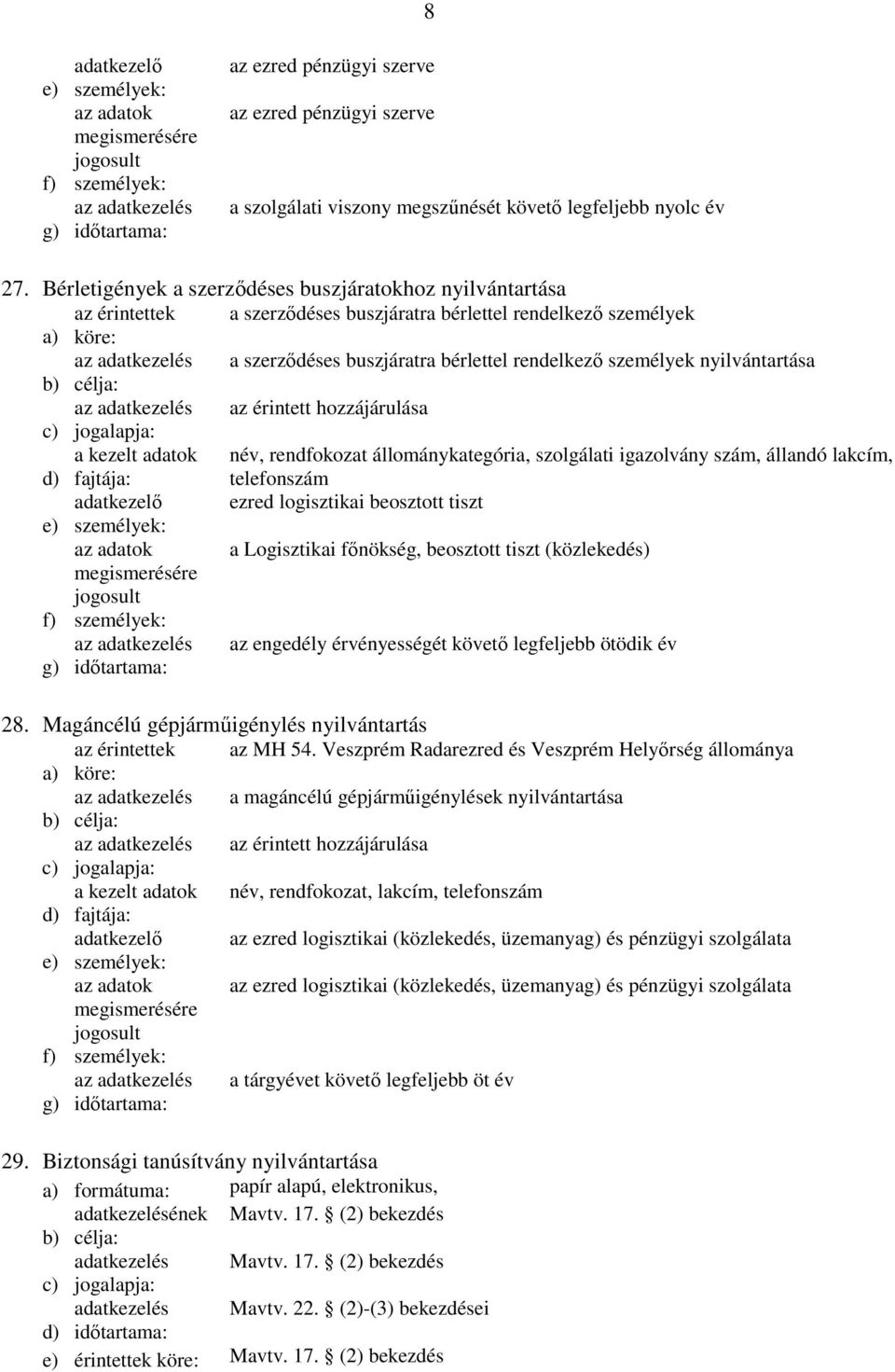 nyilvántartása név, rendfokozat állománykategória, szolgálati igazolvány szám, állandó lakcím, telefonszám adatkezelő ezred logisztikai beosztott tiszt a Logisztikai főnökség, beosztott tiszt