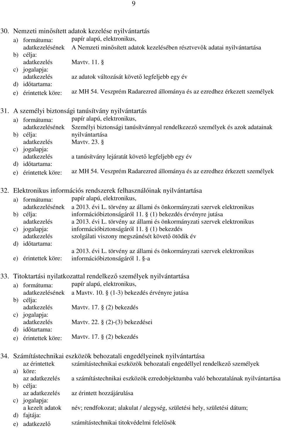 A személyi biztonsági tanúsítvány nyilvántartás Személyi biztonsági tanúsítvánnyal rendelkezező személyek és azok adatainak nyilvántartása adatkezelés Mavtv. 23.