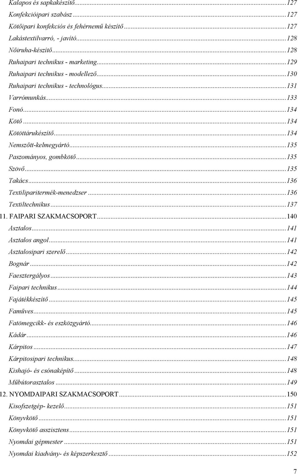 ..135 Szövő...135 Takács...136 Textiliparitermék-menedzser...136 Textiltechnikus...137 11. FAIPARI SZAKMACSOPORT...140 Asztalos...141 Asztalos angol...141 Asztalosipari szerelő...142 Bognár.