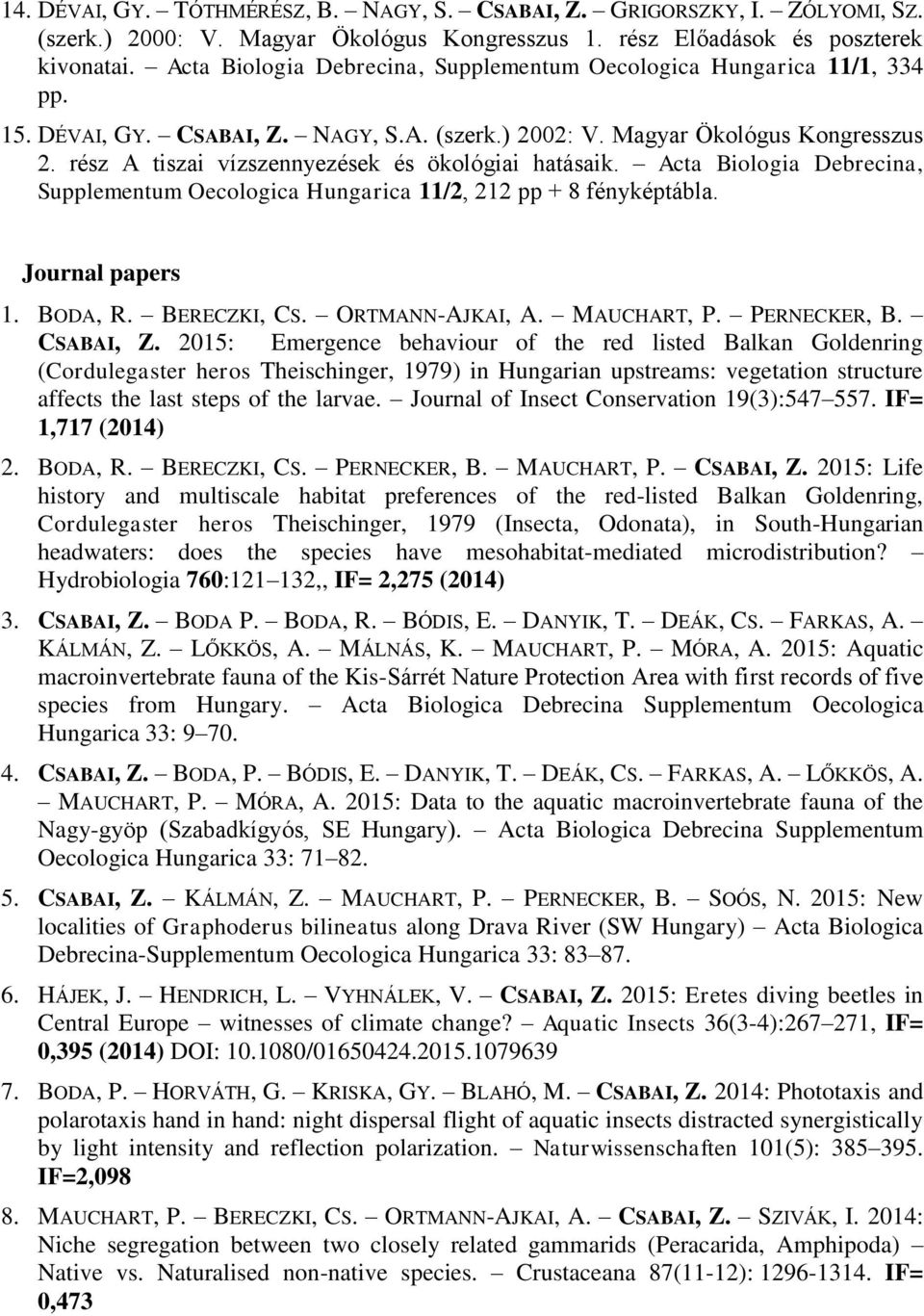 rész A tiszai vízszennyezések és ökológiai hatásaik. Acta Biologia Debrecina, Supplementum Oecologica Hungarica 11/2, 212 pp + 8 fényképtábla. Journal papers 1. BODA, R. BERECZKI, CS.