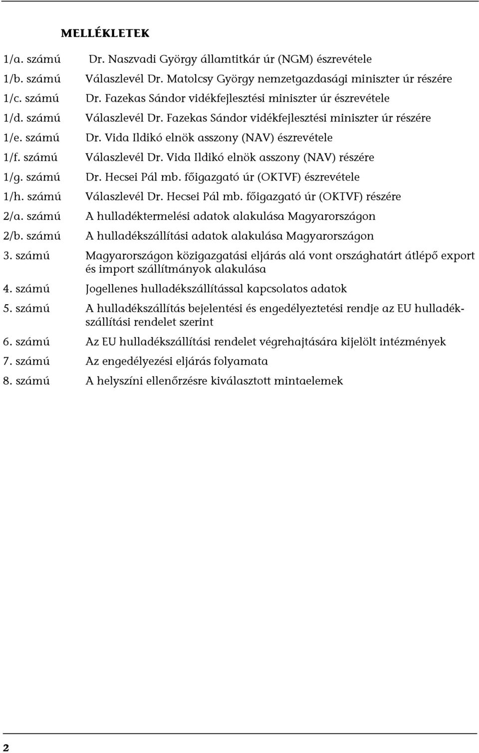 számú Válaszlevél Dr. Vida Ildikó elnök asszony (NAV) részére 1/g. számú Dr. Hecsei Pál mb. főigazgató úr (OKTVF) észrevétele 1/h. számú Válaszlevél Dr. Hecsei Pál mb. főigazgató úr (OKTVF) részére 2/a.